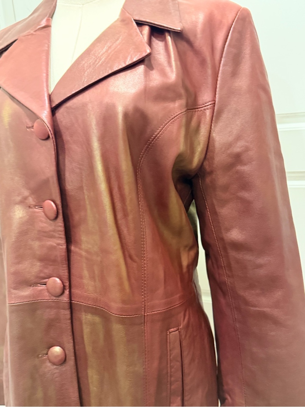 Johenic Leather Button-Front Coat in Deep Brick Red and Shimmering Gold Finish - Picture 3 of 12